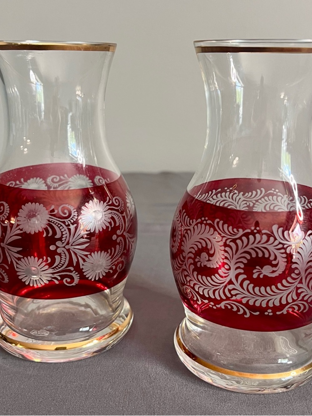 VTG Pair Of Bohemian Ruby Red Cut To Clear Vases Egermann Style Czech Art Rare
